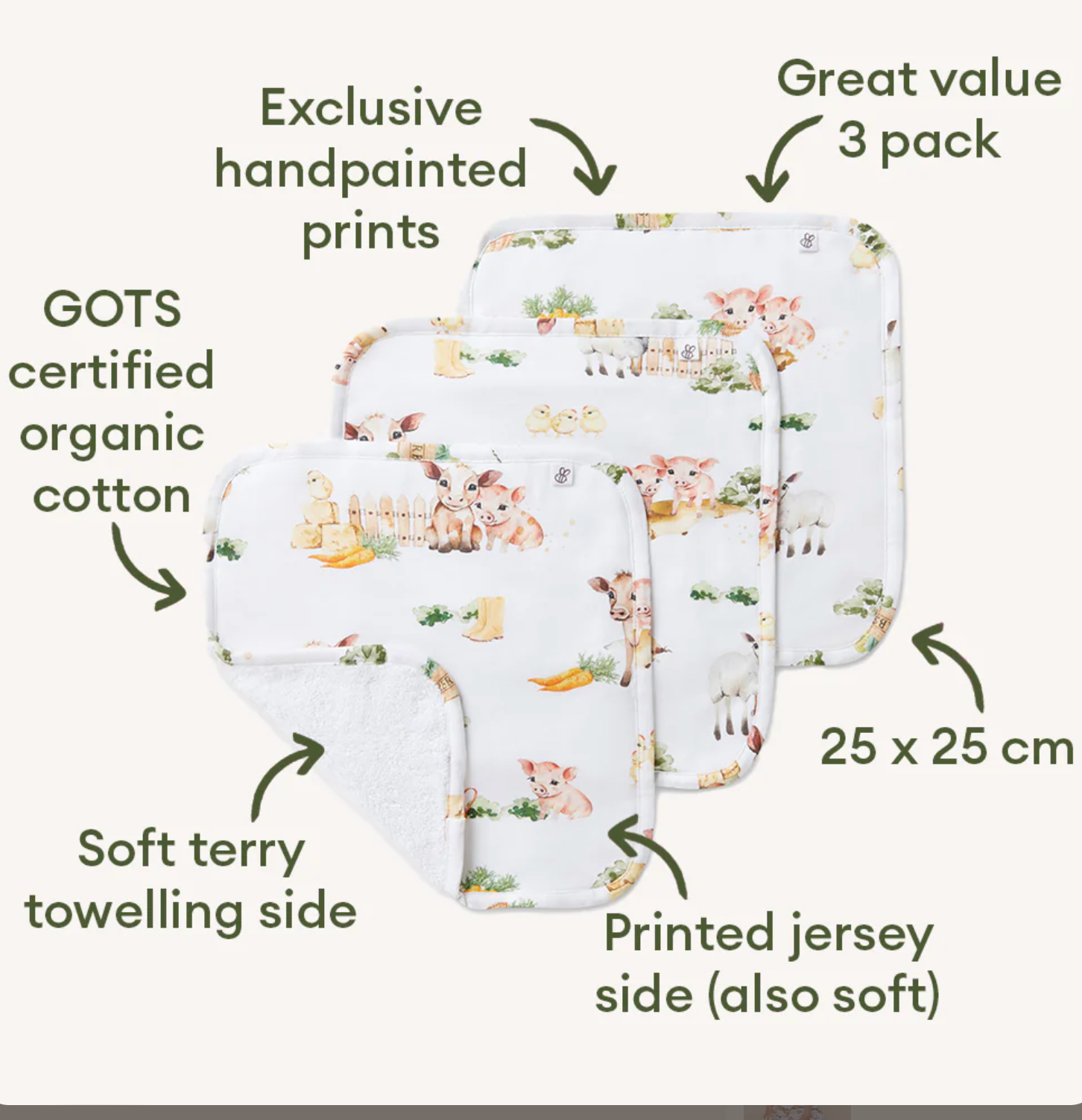 Farm Organic Wash Cloths - 3 Pack